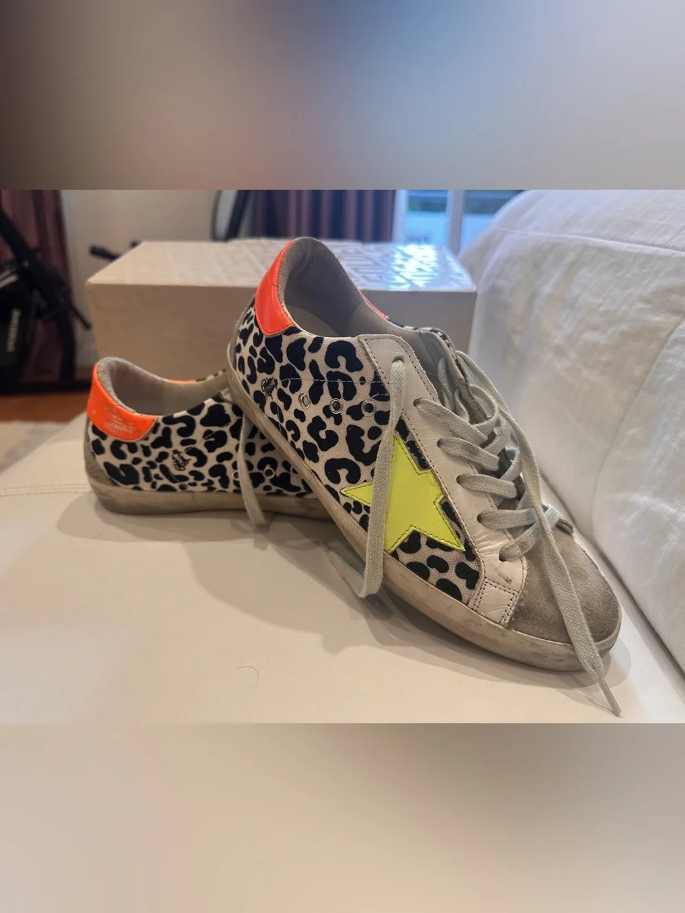Golden Goose Superstar Sneakers Leopard Print canvas with Yellow Neon Star